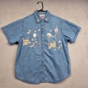 Keren Hart Top Womens‎ L Blue Birdhouse Floral Embroidered Denim Chambray Blouse